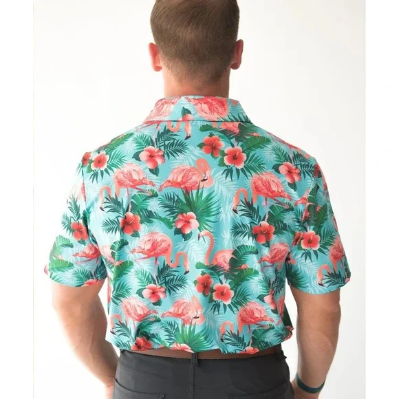 Yatta Polo Golf Shirt Mens MEDIUM Pau Hana Blue Performance Flamingo Hawaiian - Picture 2 of 7